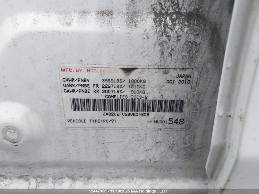 2011 Mitsubishi Lancer VIN: JA32U2FU2BU604808 Lot: 12447958