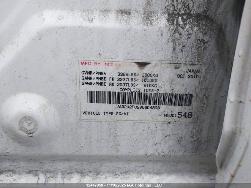 2011 Mitsubishi Lancer VIN: JA32U2FU2BU604808 Lot: 12447958