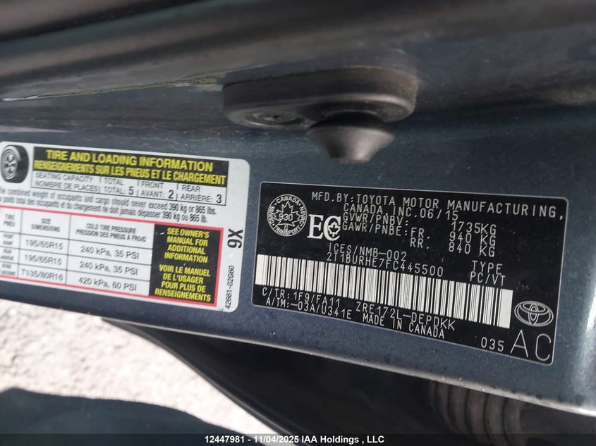 2T1BURHE7FC445500 2015 TOYOTA COROLLA photo no. 9