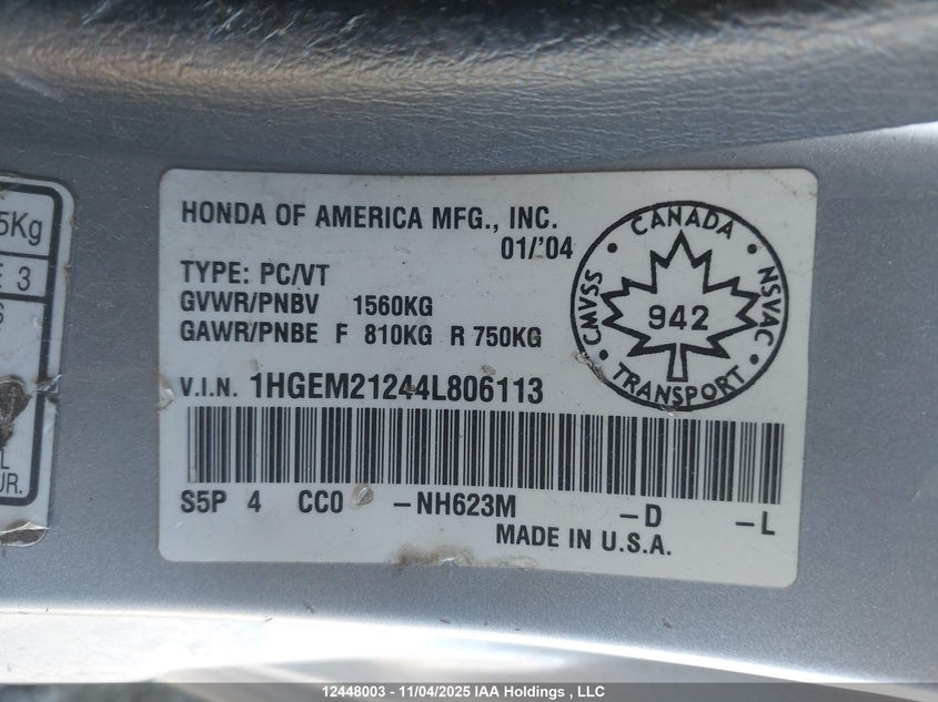 2004 Honda Civic Se VIN: 1HGEM21244L806113 Lot: 12448003