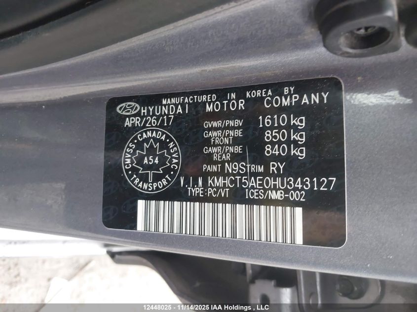 2017 Hyundai Accent Se VIN: KMHCT5AE0HU343127 Lot: 12448025