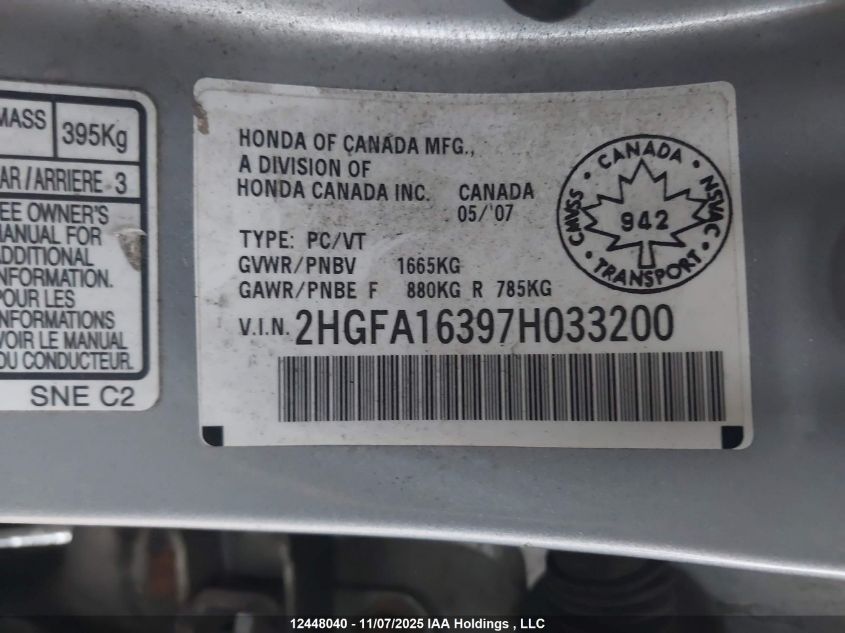 2007 Honda Civic Dx-G VIN: 2HGFA16397H033200 Lot: 12448040