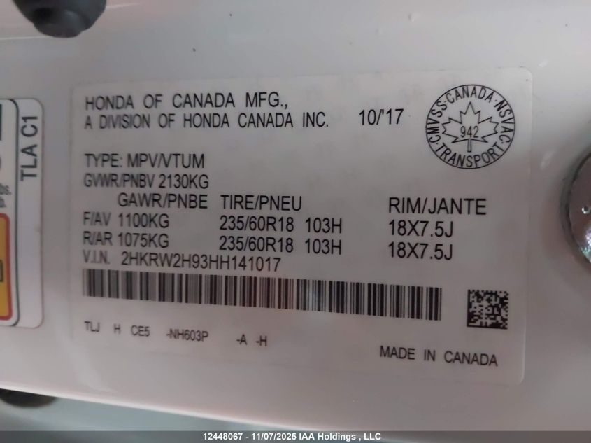 2017 Honda Cr-V Touring VIN: 2HKRW2H93HH141017 Lot: 12448067