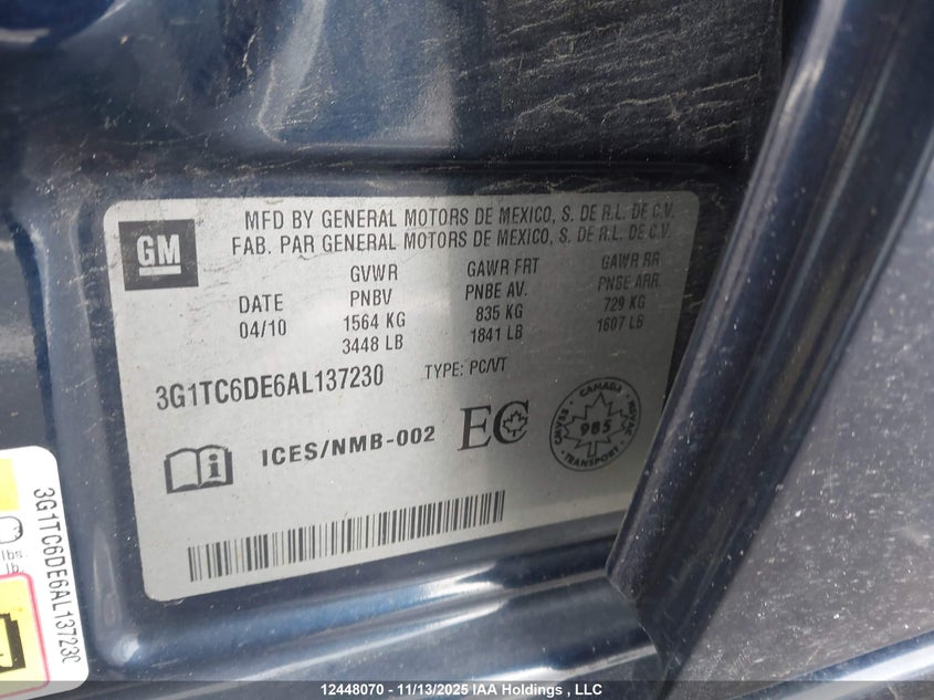 2010 Chevrolet Aveo Lt VIN: 3G1TC6DE6AL137230 Lot: 12448070