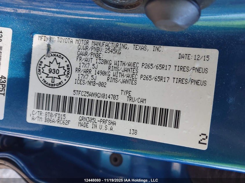 2016 Toyota Tacoma VIN: 5TFCZ5AN9GX014703 Lot: 12448080