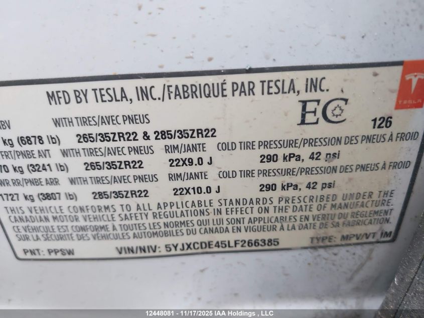 2020 Tesla Model X VIN: 5YJXCDE45LF266385 Lot: 12448081