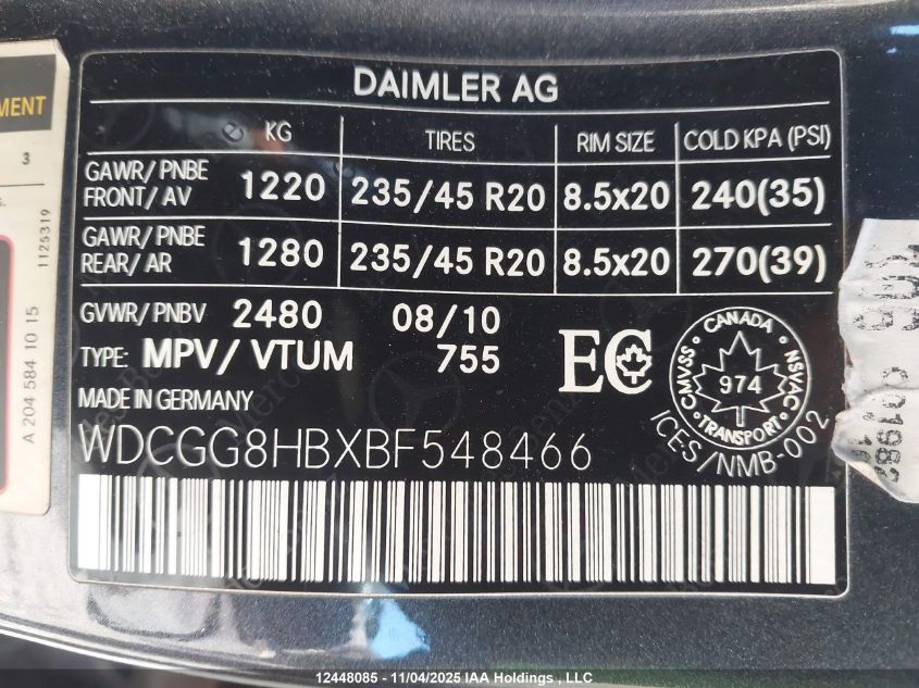 2011 Mercedes-Benz Glk 350 4Matic VIN: WDCGG8HBXBF548466 Lot: 12448085