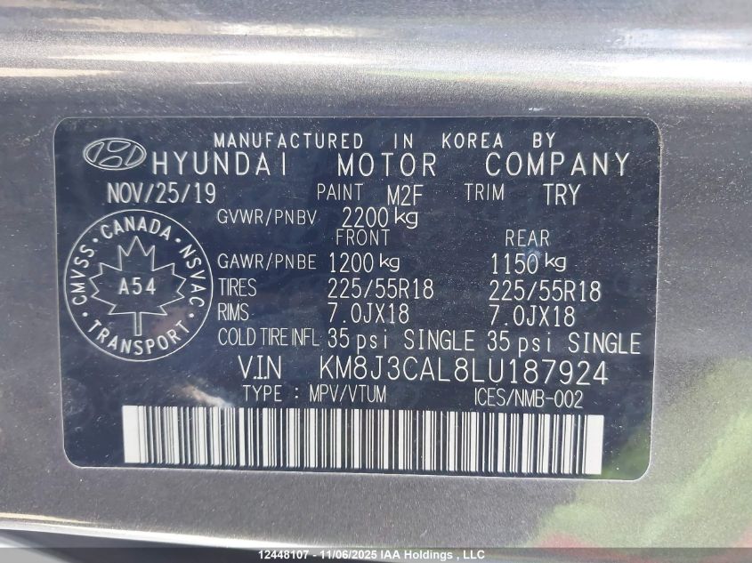 2020 Hyundai Tucson Limited/Sel/Sport/Ultimate/Value VIN: KM8J3CAL8LU187924 Lot: 12448107