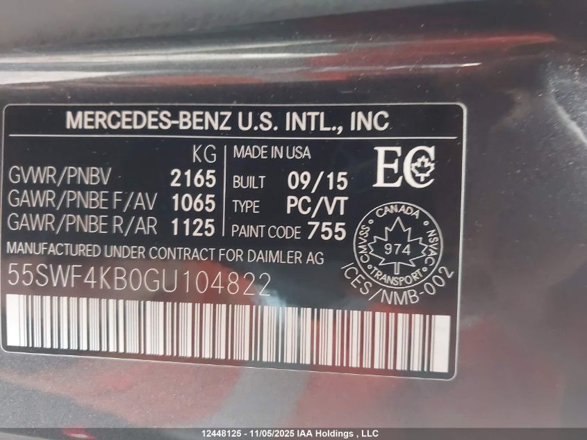 2016 Mercedes-Benz C 300 4Matic VIN: 55SWF4KB0GU104822 Lot: 12448125