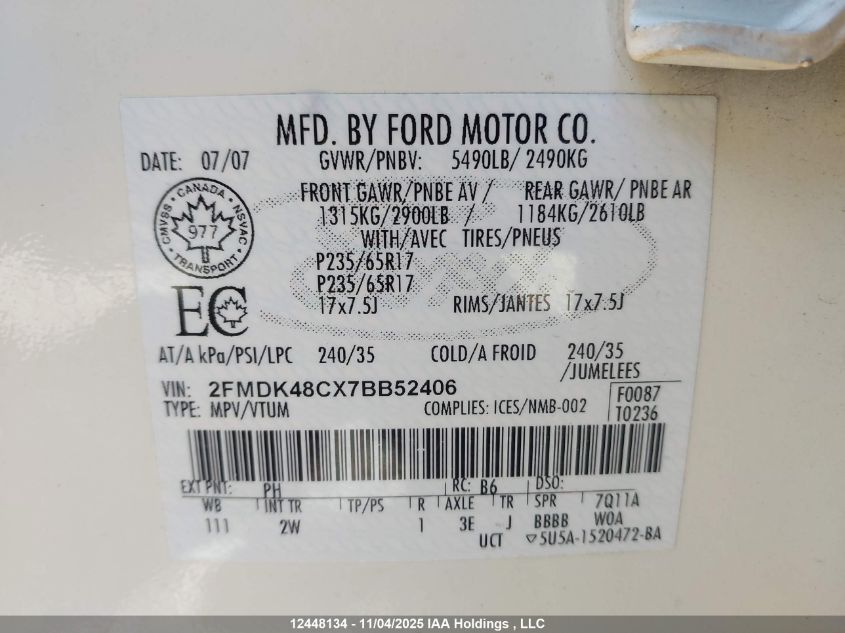 2007 Ford Edge Sel VIN: 2FMDK48CX7BB52406 Lot: 12448134