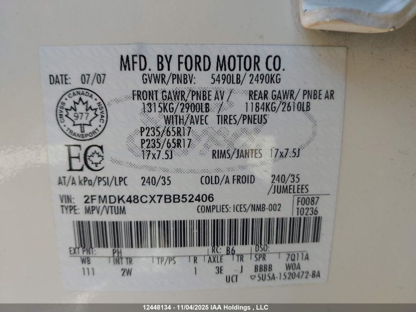 2007 Ford Edge Sel VIN: 2FMDK48CX7BB52406 Lot: 12448134