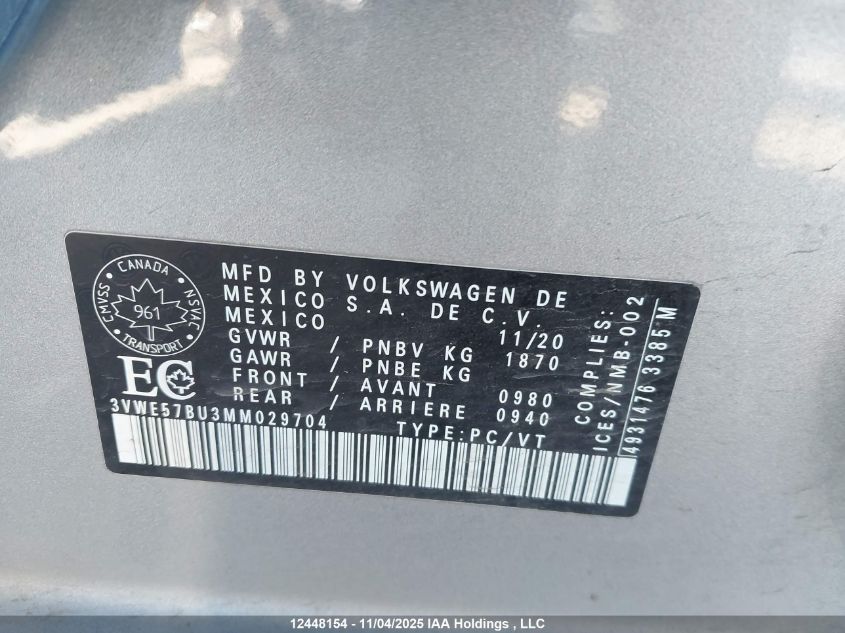 2021 Volkswagen Jetta Sel VIN: 3VWE57BU3MM029704 Lot: 12448154