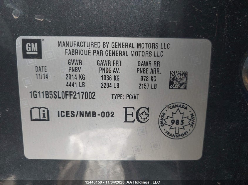 2015 Chevrolet Malibu Ls VIN: 1G11B5SL0FF217002 Lot: 12448159