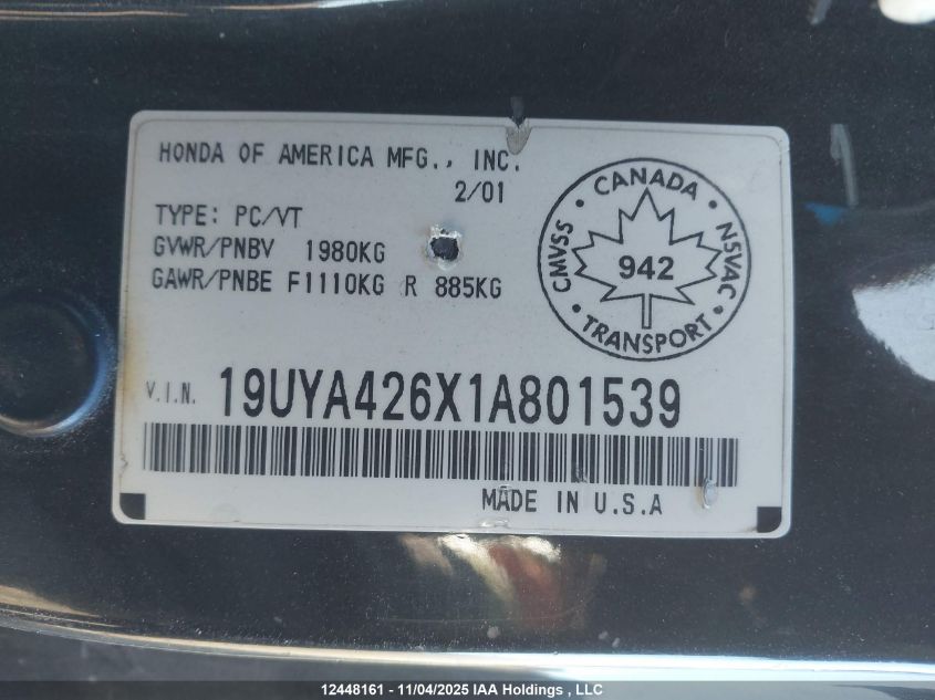 2001 Acura Cl 3.2 Type S VIN: 19UYA426X1A801539 Lot: 12448161