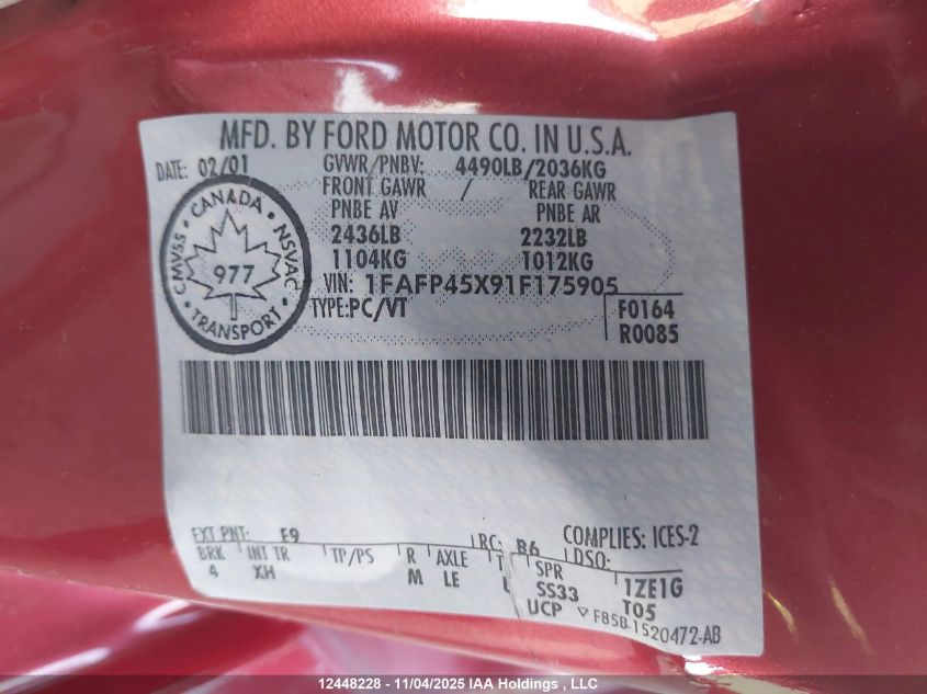 2001 Ford Mustang Gt VIN: 1FAFP45X91F175905 Lot: 12448228