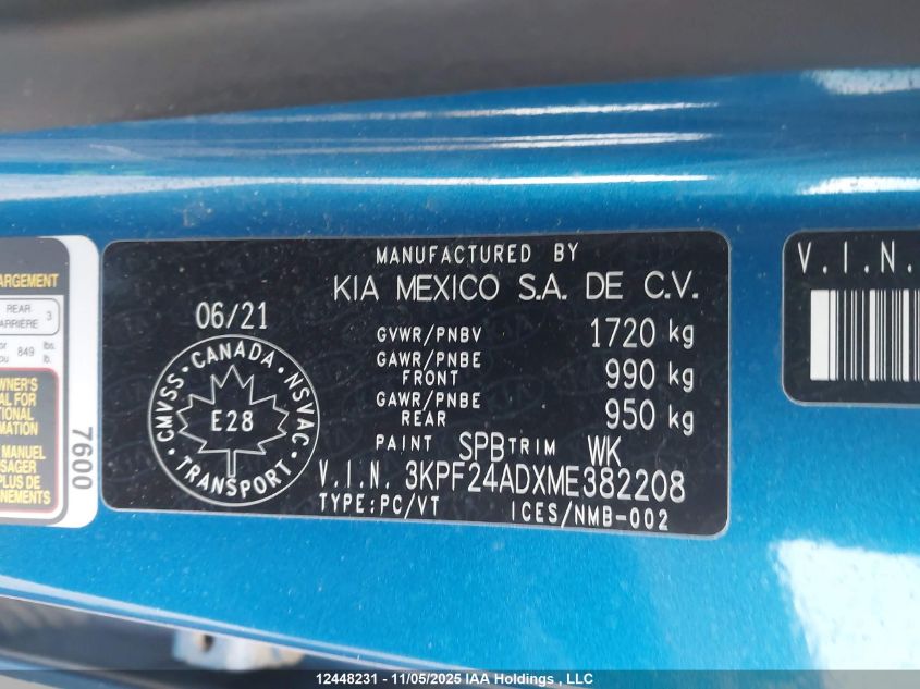 2021 Kia Forte Fe/Lxs VIN: 3KPF24ADXME382208 Lot: 12448231