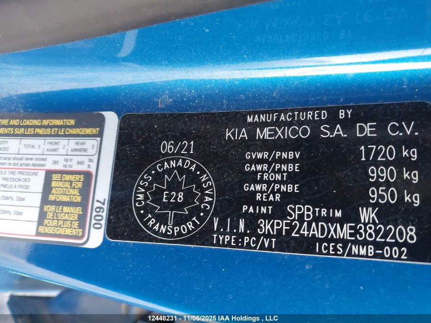 2021 Kia Forte Fe/Lxs VIN: 3KPF24ADXME382208 Lot: 12448231