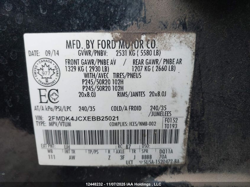 2014 Ford Edge Sel VIN: 2FMDK4JCXEBB25021 Lot: 12448232