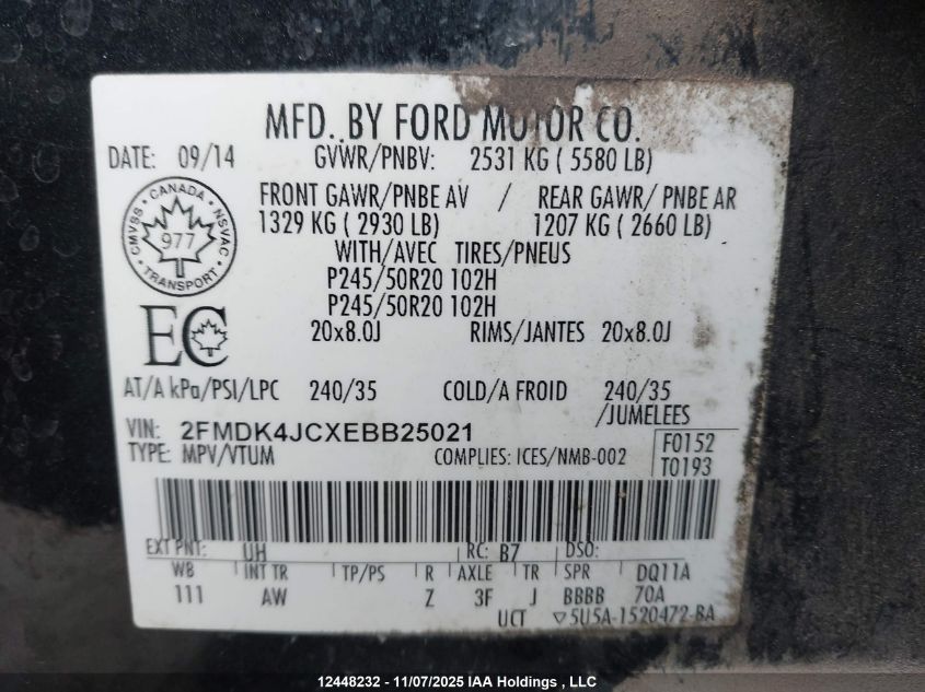 2014 Ford Edge Sel VIN: 2FMDK4JCXEBB25021 Lot: 12448232