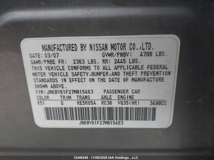 2007 Infiniti G35 VIN: JNKBV61F27M815463 Lot: 12448249