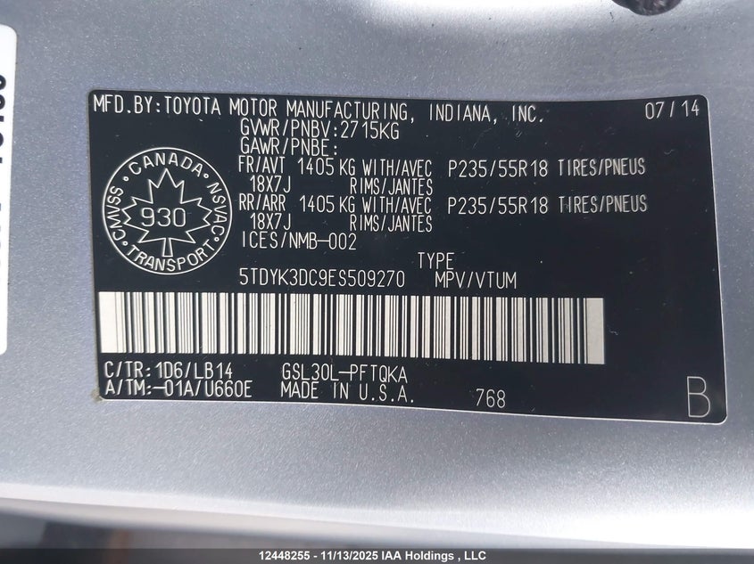 5TDYK3DC9ES509270 2014 TOYOTA SIENNA photo no. 9