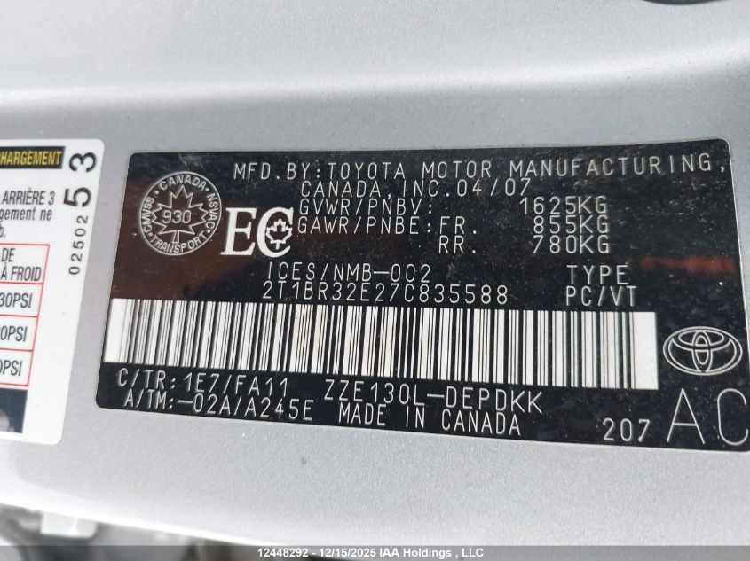 2007 Toyota Corolla VIN: 2T1BR32E27C835588 Lot: 12448292