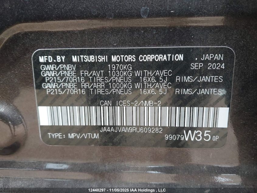 2024 Mitsubishi Rvr Gt/Noir/Se/Sel VIN: JA4AJVAW9RU609282 Lot: 12448297