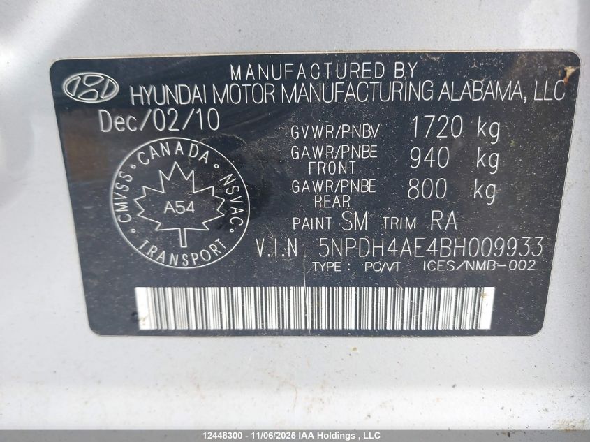 2011 Hyundai Elantra .. VIN: 5NPDH4AE4BH009933 Lot: 12448300