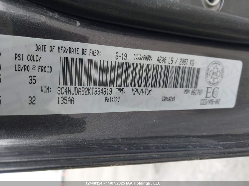 2019 Jeep Compass Sport VIN: 3C4NJDAB2KT834819 Lot: 12448324
