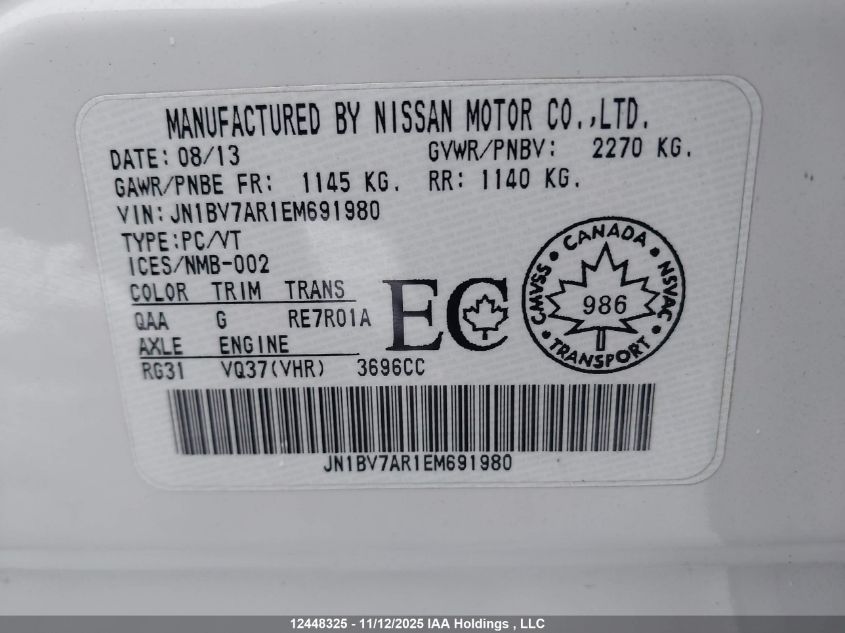 2014 Infiniti Q50 Premium/Sport VIN: JN1BV7AR1EM691980 Lot: 12448325