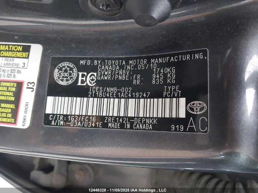 2010 Toyota Corolla S/Le/Xle VIN: 2T1BU4EE1AC419247 Lot: 12448328