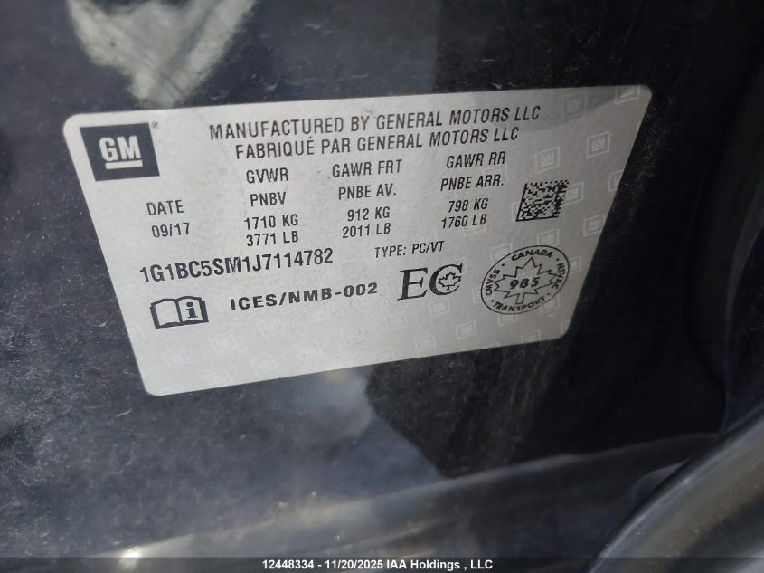 2018 Chevrolet Cruze VIN: 1G1BC5SM1J7114782 Lot: 12448334