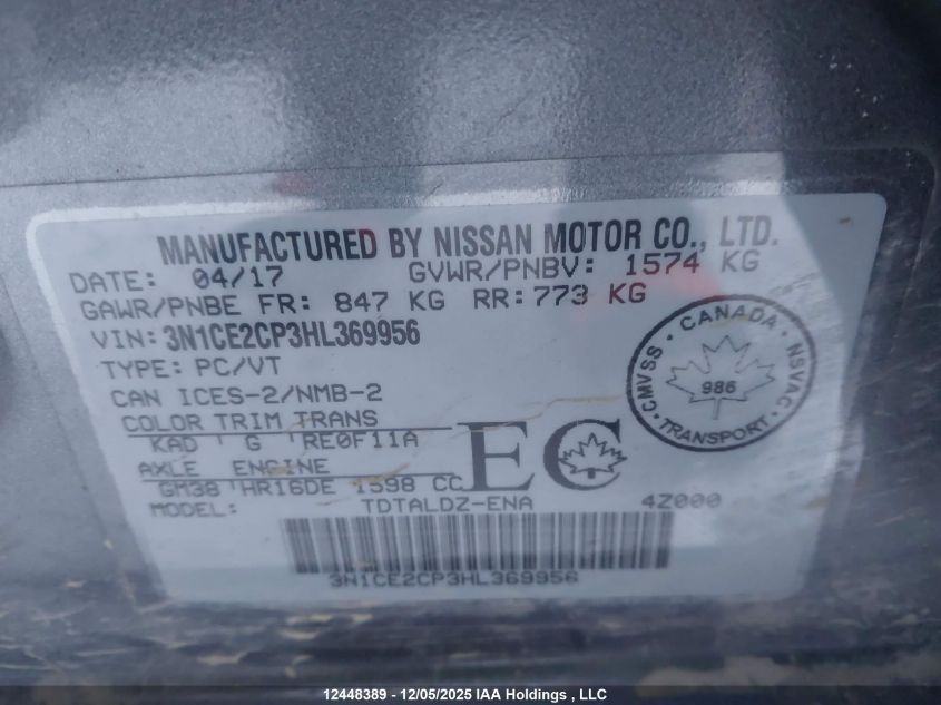 2017 Nissan Versa Note S/S Plus/Sv/Sl/Sr VIN: 3N1CE2CP3HL369956 Lot: 12448389