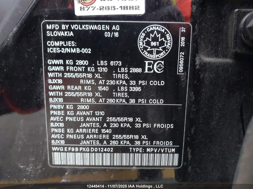 2016 Volkswagen Touareg Sport/Lux/Executive VIN: WVGEF9BPXGD012402 Lot: 12448414