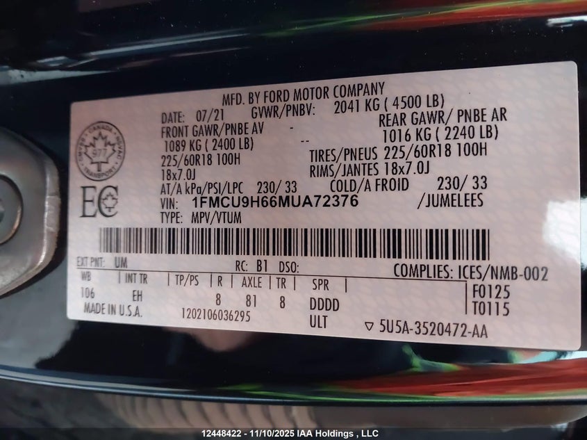 1FMCU9H66MUA72376 2021 FORD ESCAPE photo no. 19
