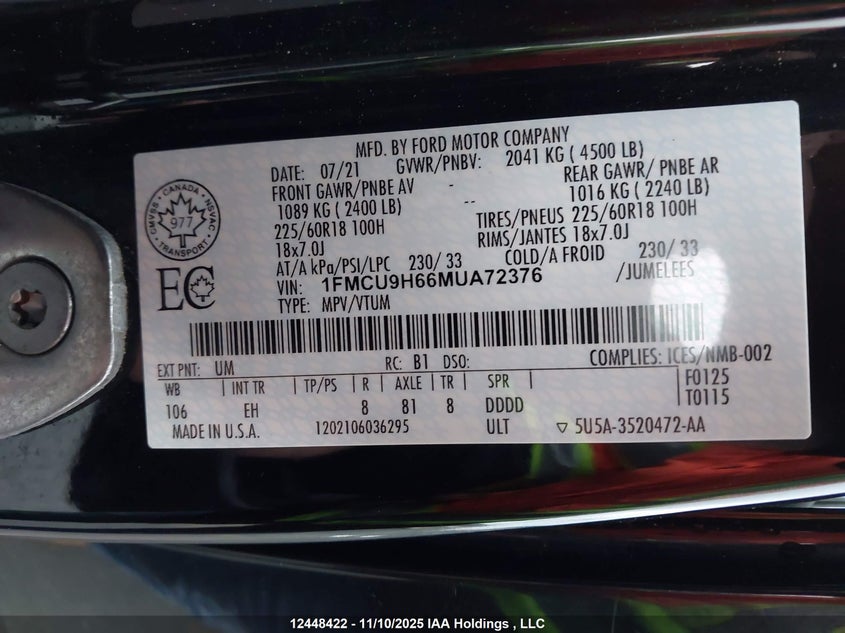 1FMCU9H66MUA72376 2021 FORD ESCAPE photo no. 9