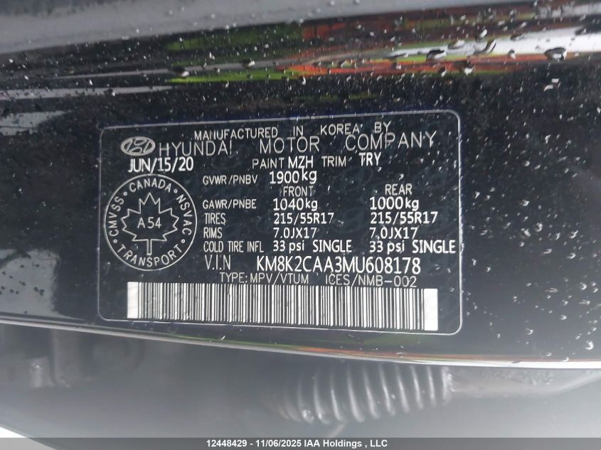 2021 Hyundai Kona Preferred Awd VIN: KM8K2CAA3MU608178 Lot: 12448429