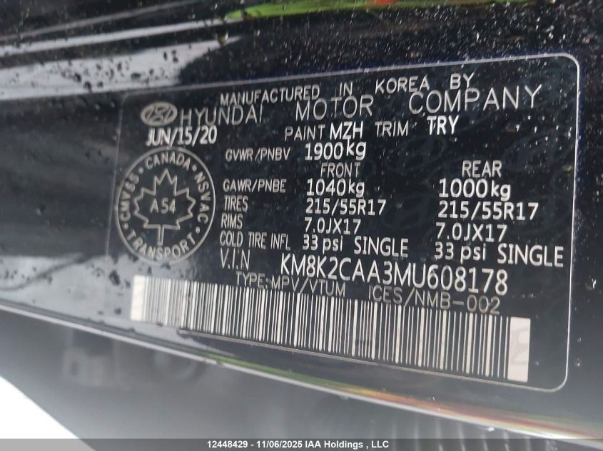 2021 Hyundai Kona Preferred Awd VIN: KM8K2CAA3MU608178 Lot: 12448429