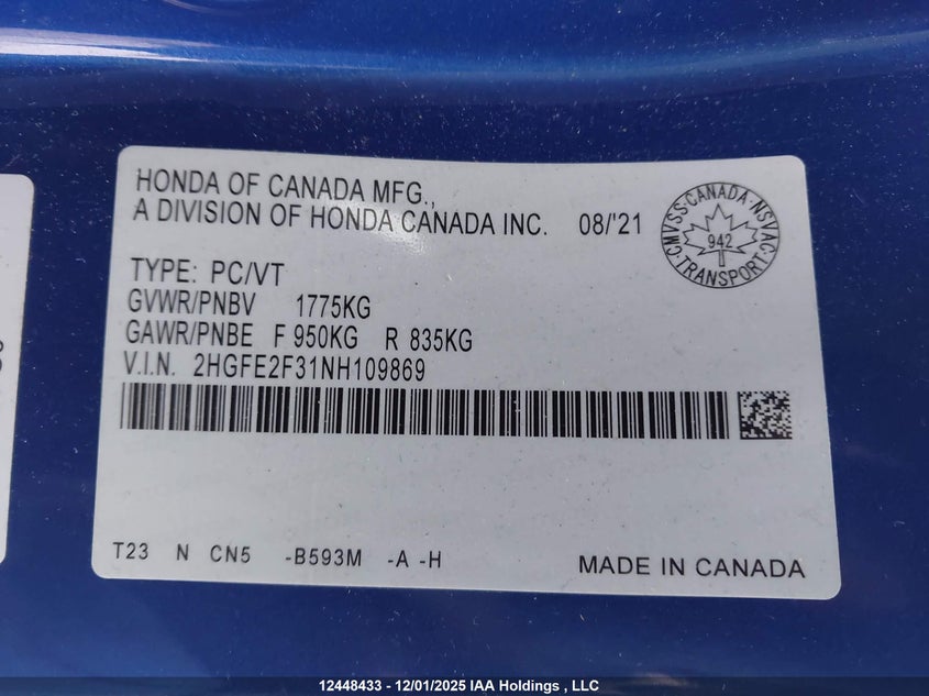 2HGFE2F31NH109869 2022 HONDA CIVIC photo no. 9