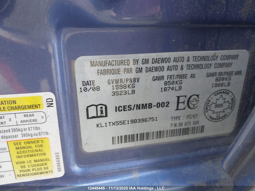 2009 Chevrolet Aveo Lt VIN: KL1TX55E19B396751 Lot: 12448445