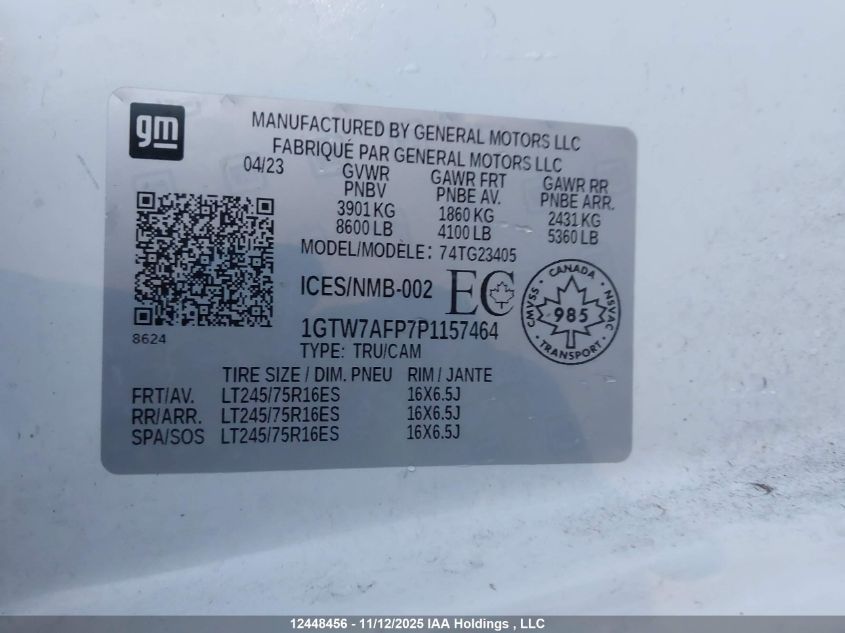 2023 GMC Savana 2500 Work Van VIN: 1GTW7AFP7P1157464 Lot: 12448456