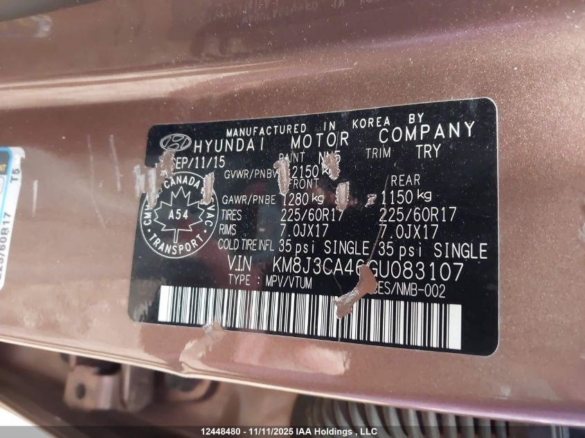 2016 Hyundai Tucson Limited/Sport And Eco/Se VIN: KM8J3CA46GU083107 Lot: 12448480