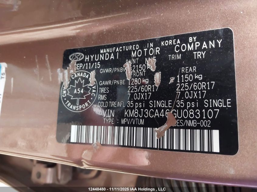 2016 Hyundai Tucson Limited/Sport And Eco/Se VIN: KM8J3CA46GU083107 Lot: 12448480