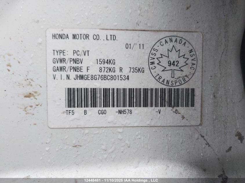 2011 Honda Fit VIN: JHMGE8G76BC801534 Lot: 12448481