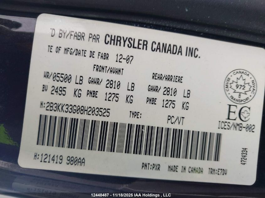 2008 Dodge Charger Sxt VIN: 2B3KK33G08H203525 Lot: 12448487