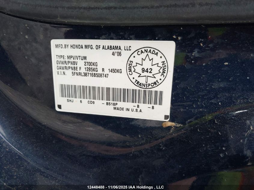 2006 Honda Odyssey Ex-L VIN: 5FNRL38716B508747 Lot: 12448488