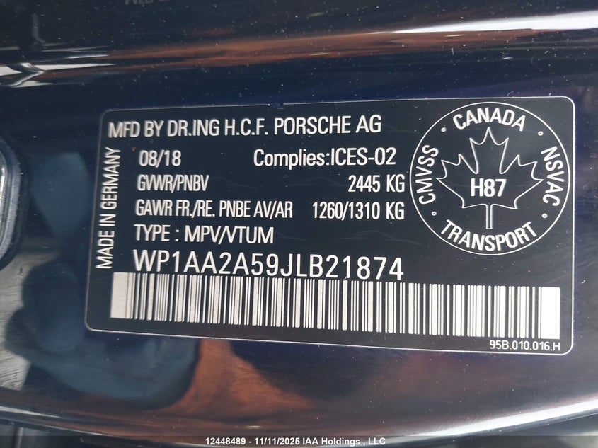 2018 Porsche Macan VIN: WP1AA2A59JLB21874 Lot: 12448489