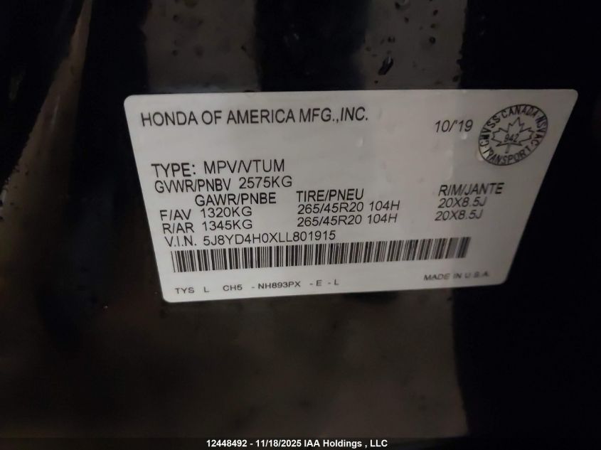 2020 Acura Mdx A-Spec VIN: 5J8YD4H0XLL801915 Lot: 12448492