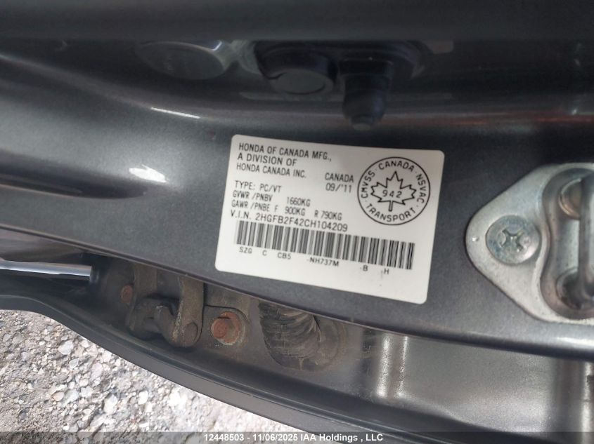 2012 Honda Civic Lx VIN: 2HGFB2F42CH104209 Lot: 12448503