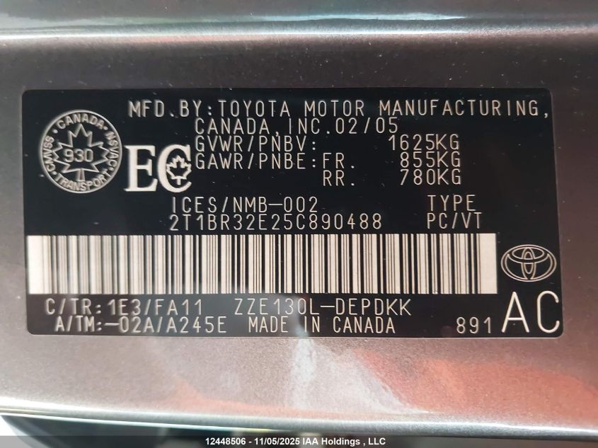 2005 Toyota Corolla Ce/Le/Sport VIN: 2T1BR32E25C890488 Lot: 12448506